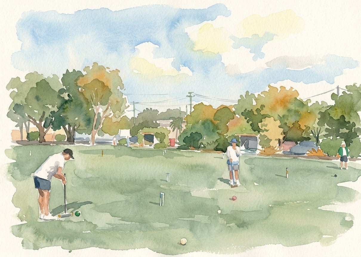 Watercolour of croquet players on a Queensland club lawn in low morning light, one bending over his shot