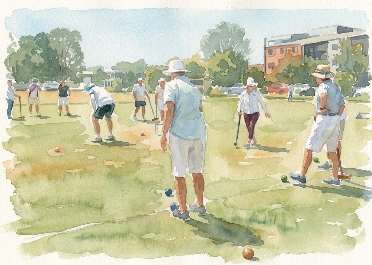 Watercolour of a busy Queensland club morning, a dozen members playing across the lawn