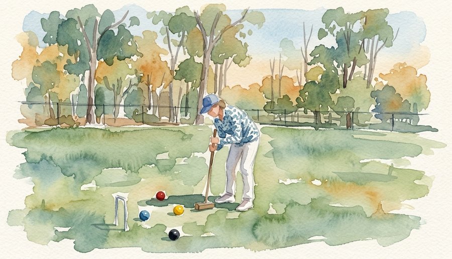 Watercolour of a player lining up a shot through a hoop on a sunny lawn