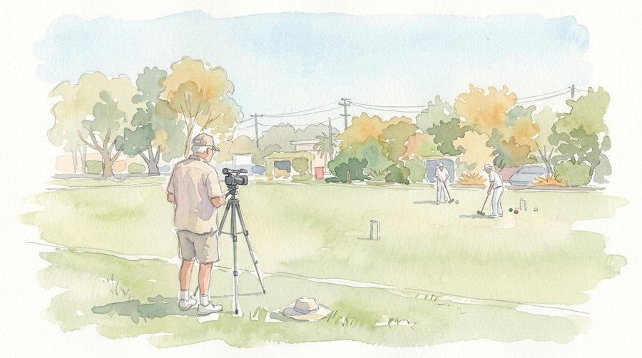 Watercolour of a volunteer filming a game from the edge of the lawn