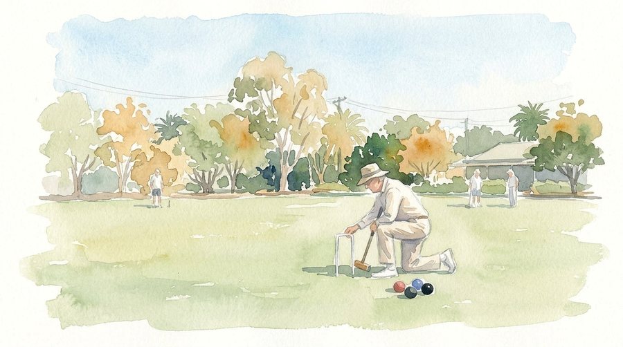 Watercolour of a volunteer setting a hoop on the lawn