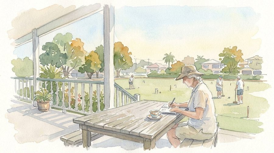 Watercolour of a volunteer writing notes on a clubhouse verandah